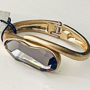 NWT Robert Lee Morris Brushed Bypass Hinged Gold & Crystal Bangle Cuff Bracelet